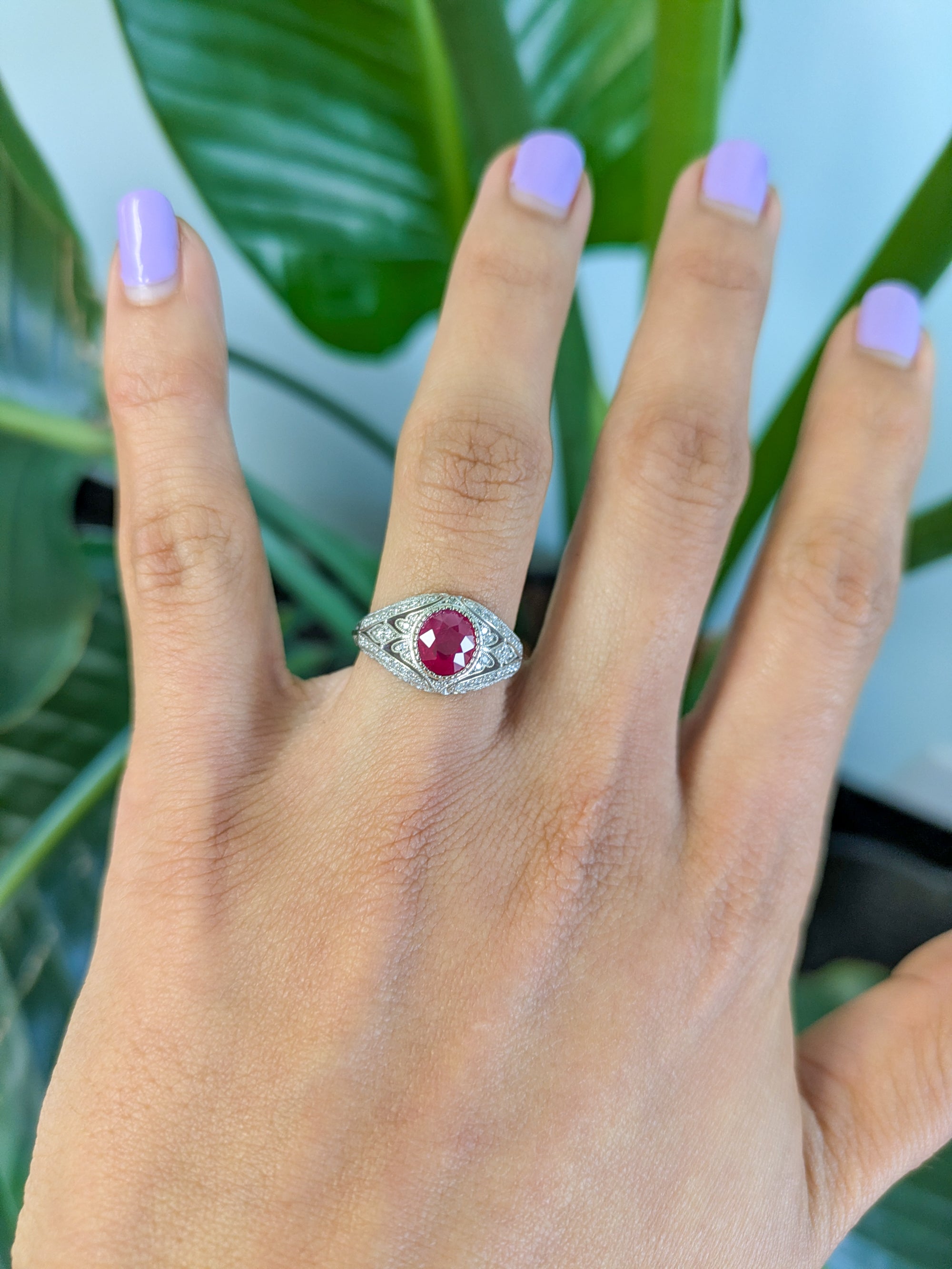 14K white gold burma ruby ring