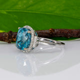 14K white gold Cambodian blue zircon cushion ring with diamond halo