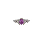 14K white gold pink sapphire pear ring with diamond halo