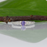 14K white gold purple sapphire round ring with diamond halo