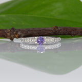 14K white gold purple sapphire round ring with diamond halo