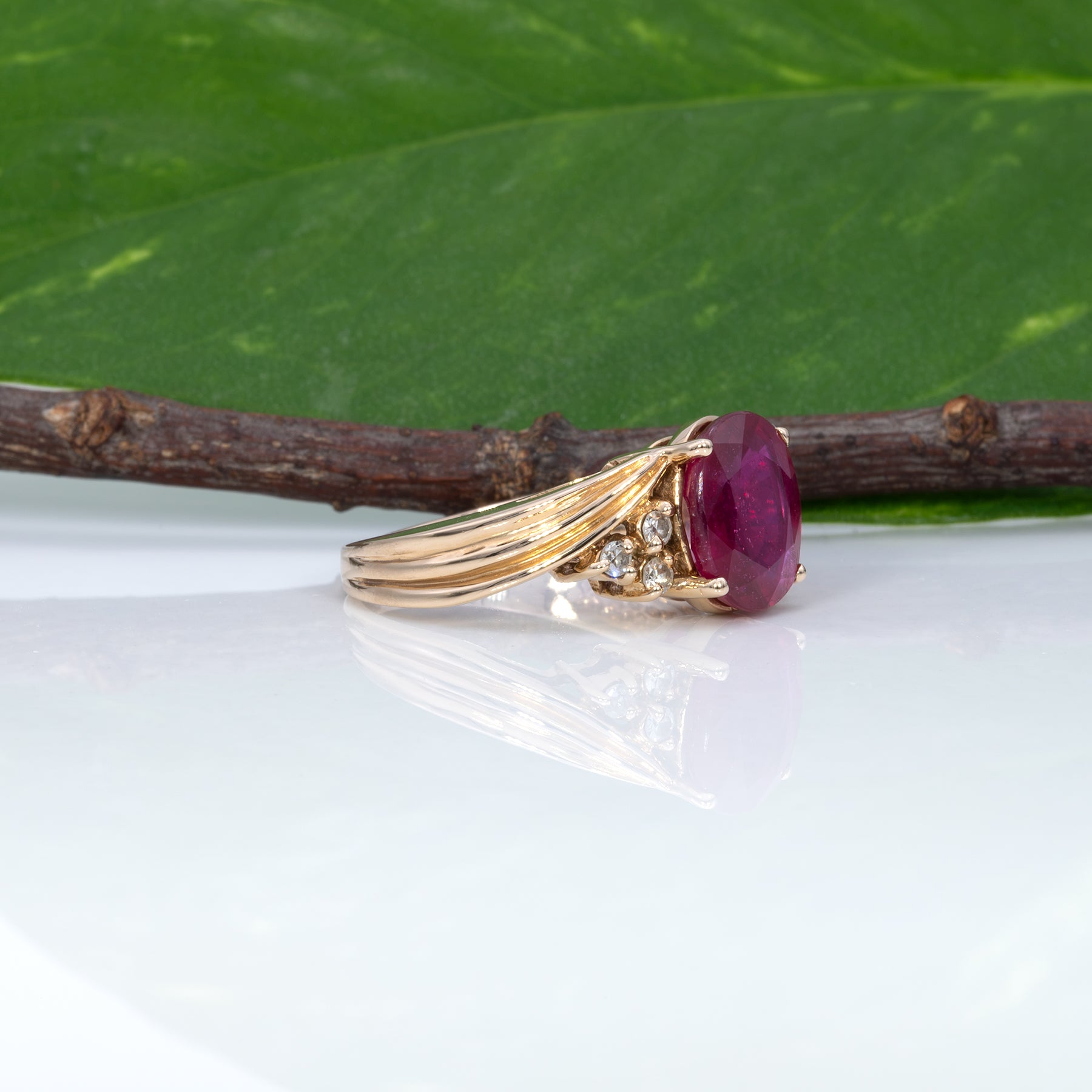 14K yellow gold Madagascar ruby estate ring with diamonds