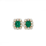 Olive Solid 14k Gold Colombian Emerald Stud Earrings with Natural Diamond Accents, Emerald cut 6x4mm