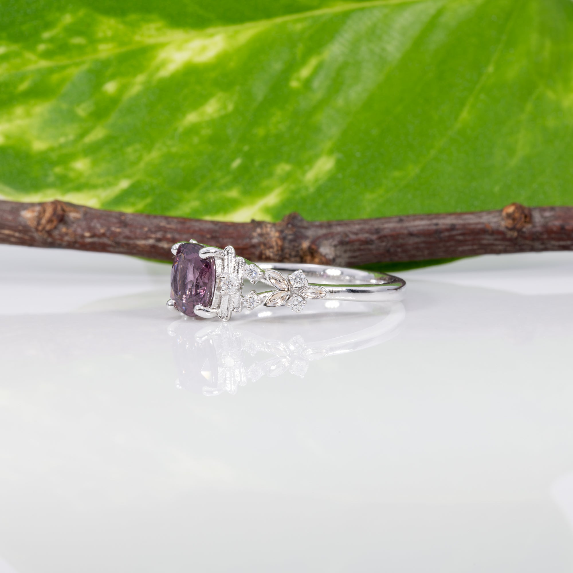14K white gold purple spinel ring with diamond accents