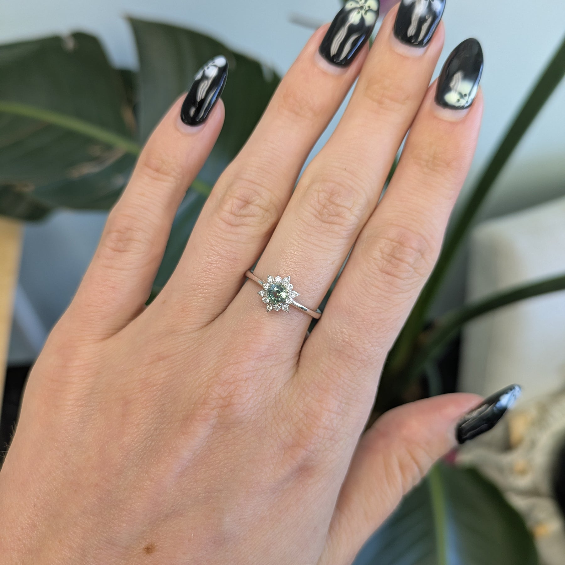 14K white gold alexandrite ring with diamond accents