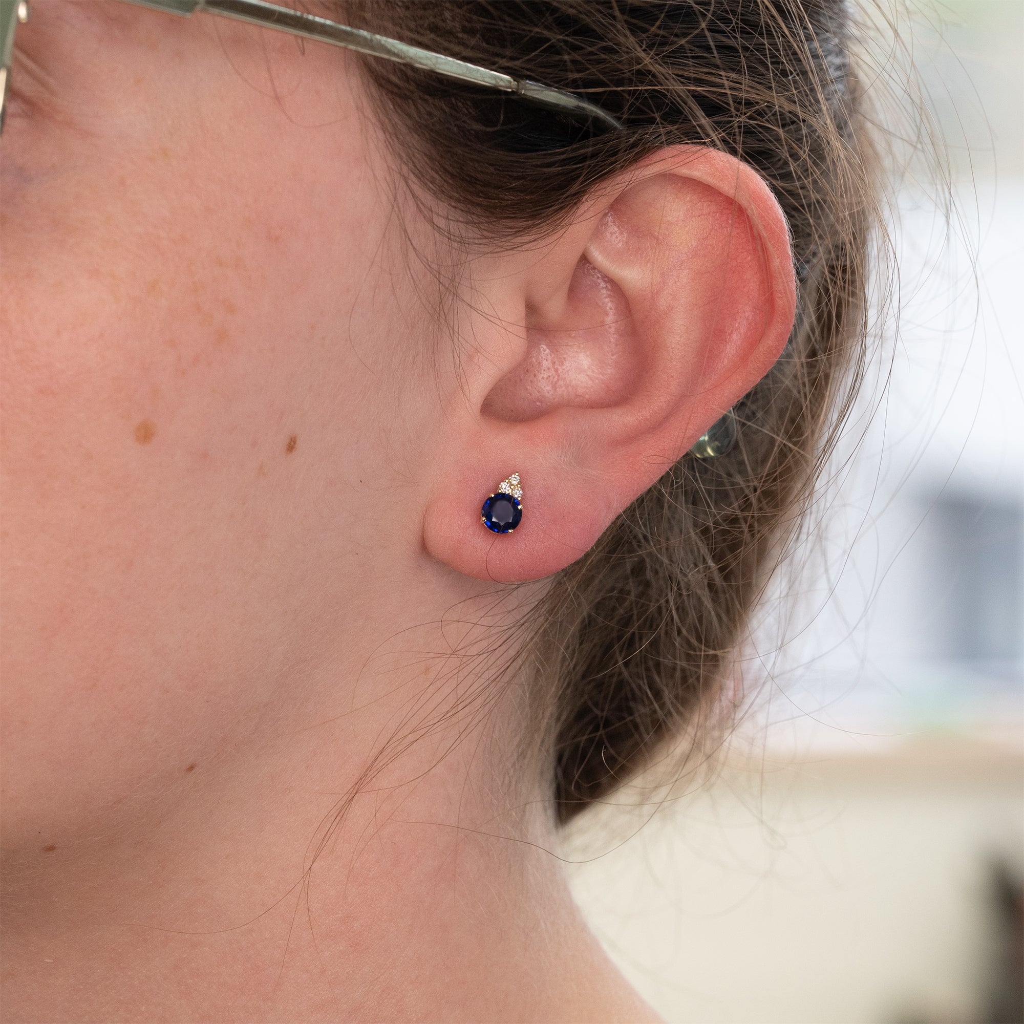 14K yellow gold Ceylon blue sapphire stud earrings with diamonds