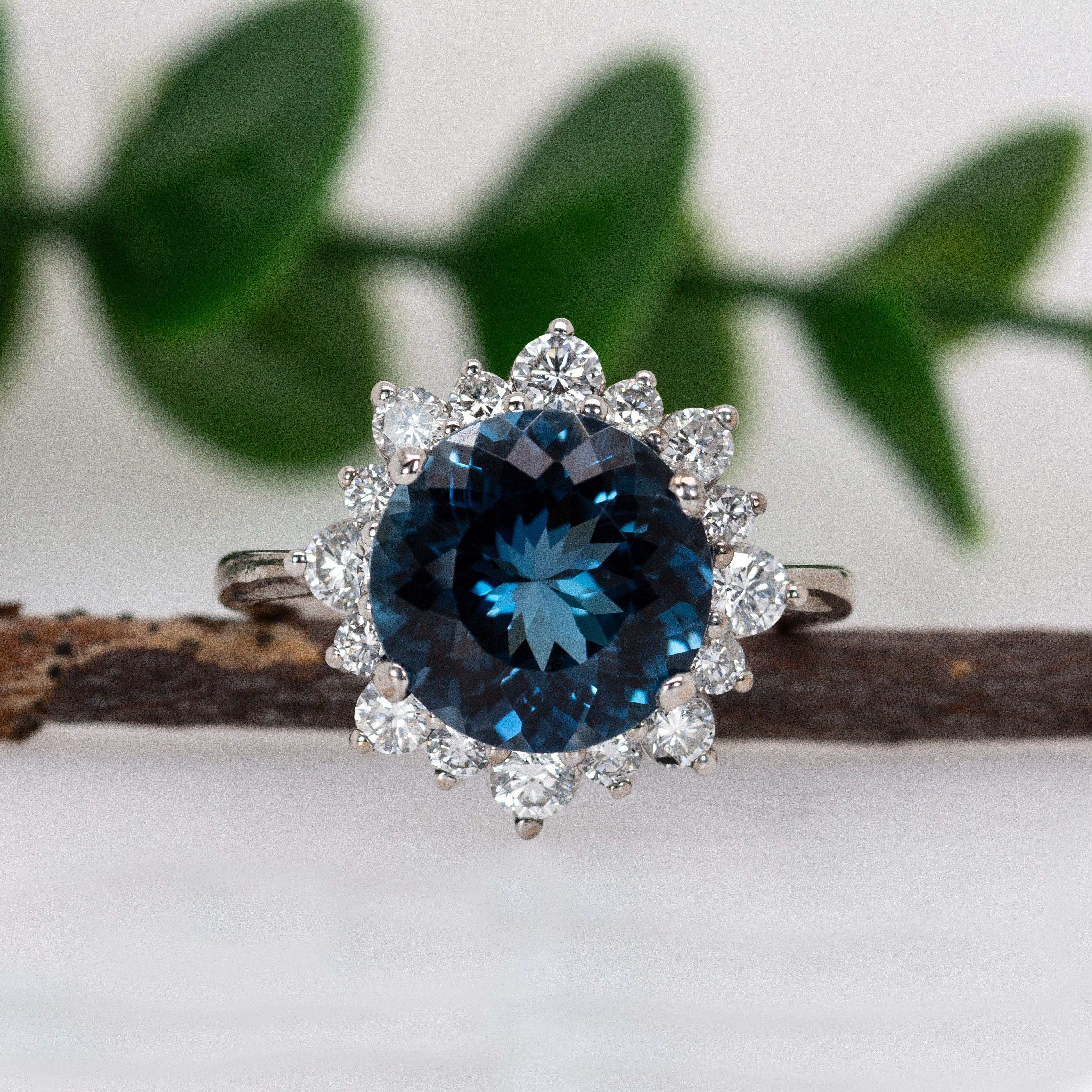 Tanu 14K White Gold 4.05cts London Blue Topaz Diamond Ring | Round 10mm