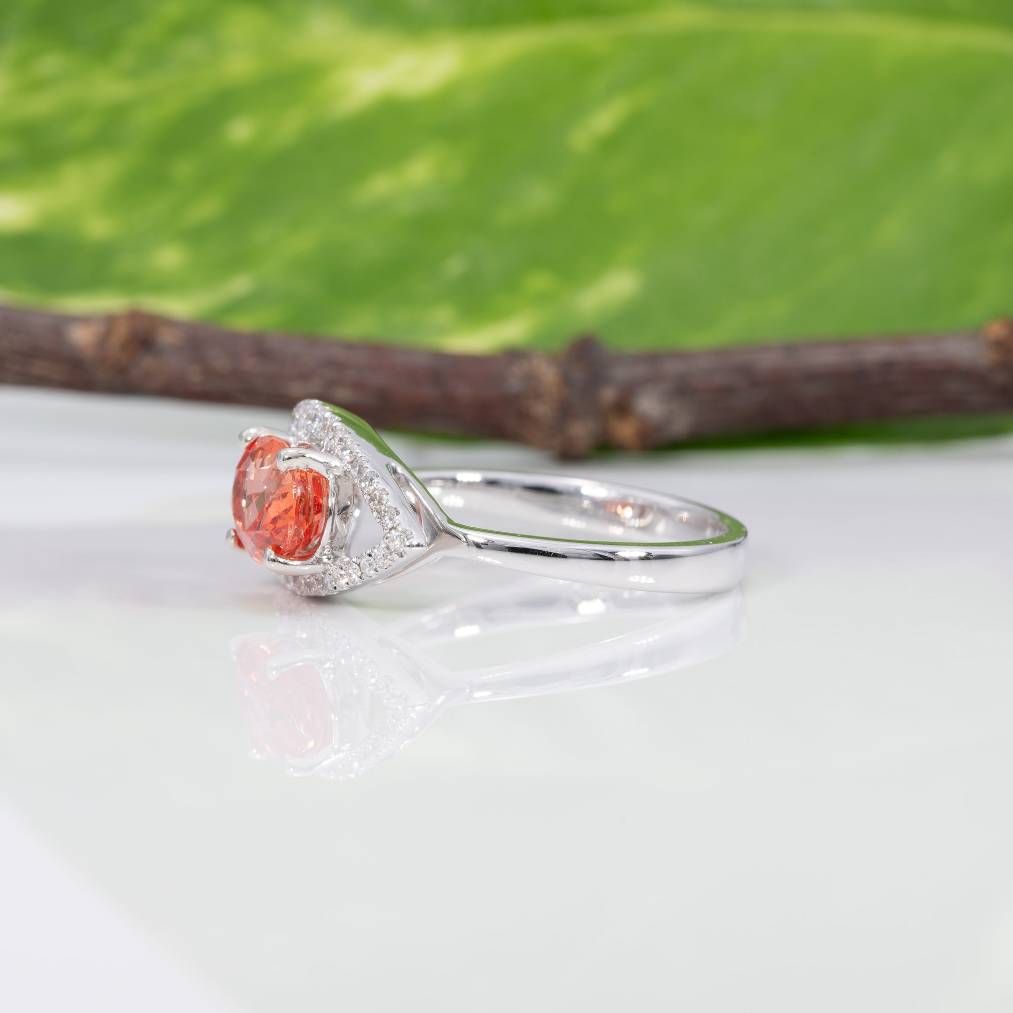 14K white gold padparadscha sapphire ring with diamond accents