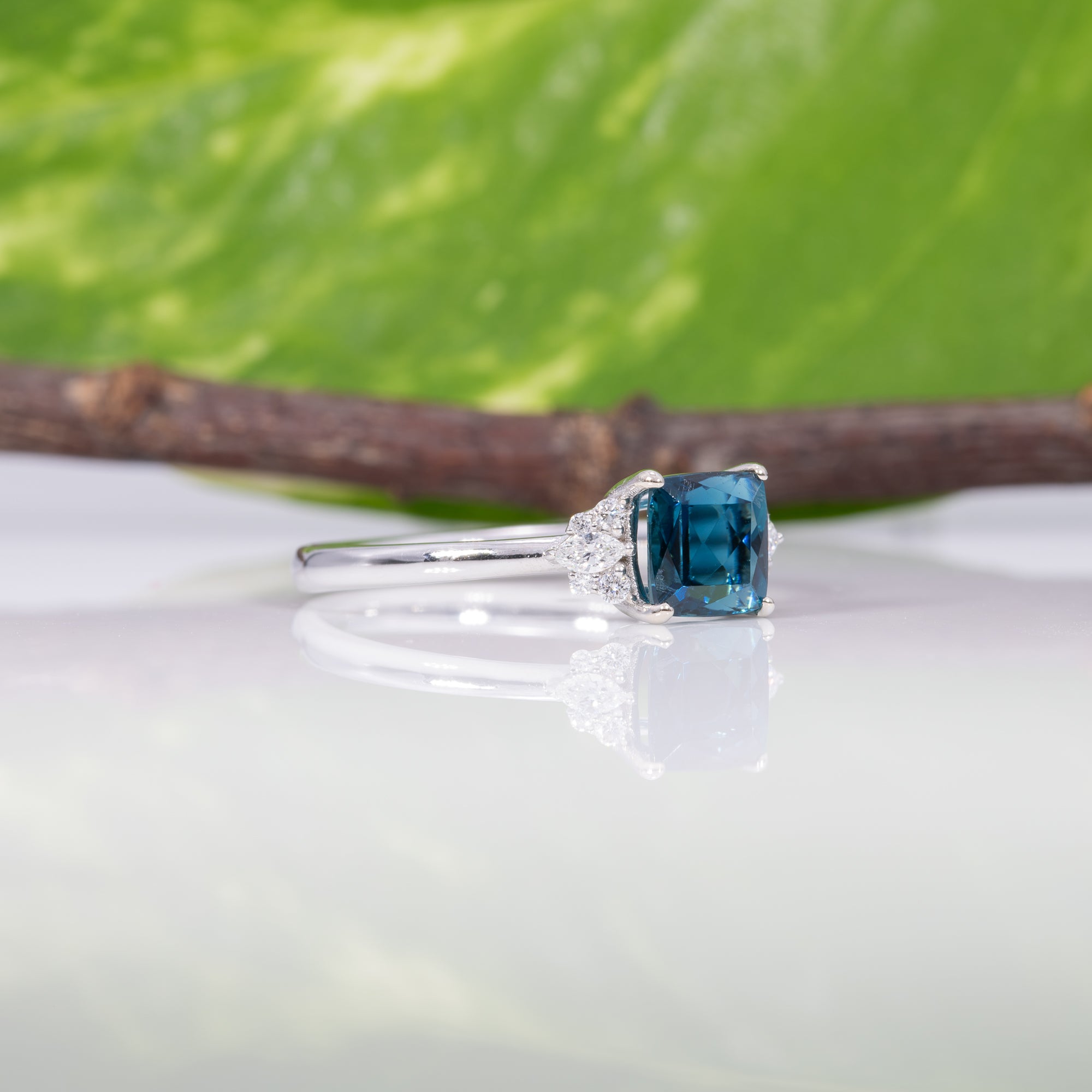 14K white gold indicolite tourmaline ring with diamond accents