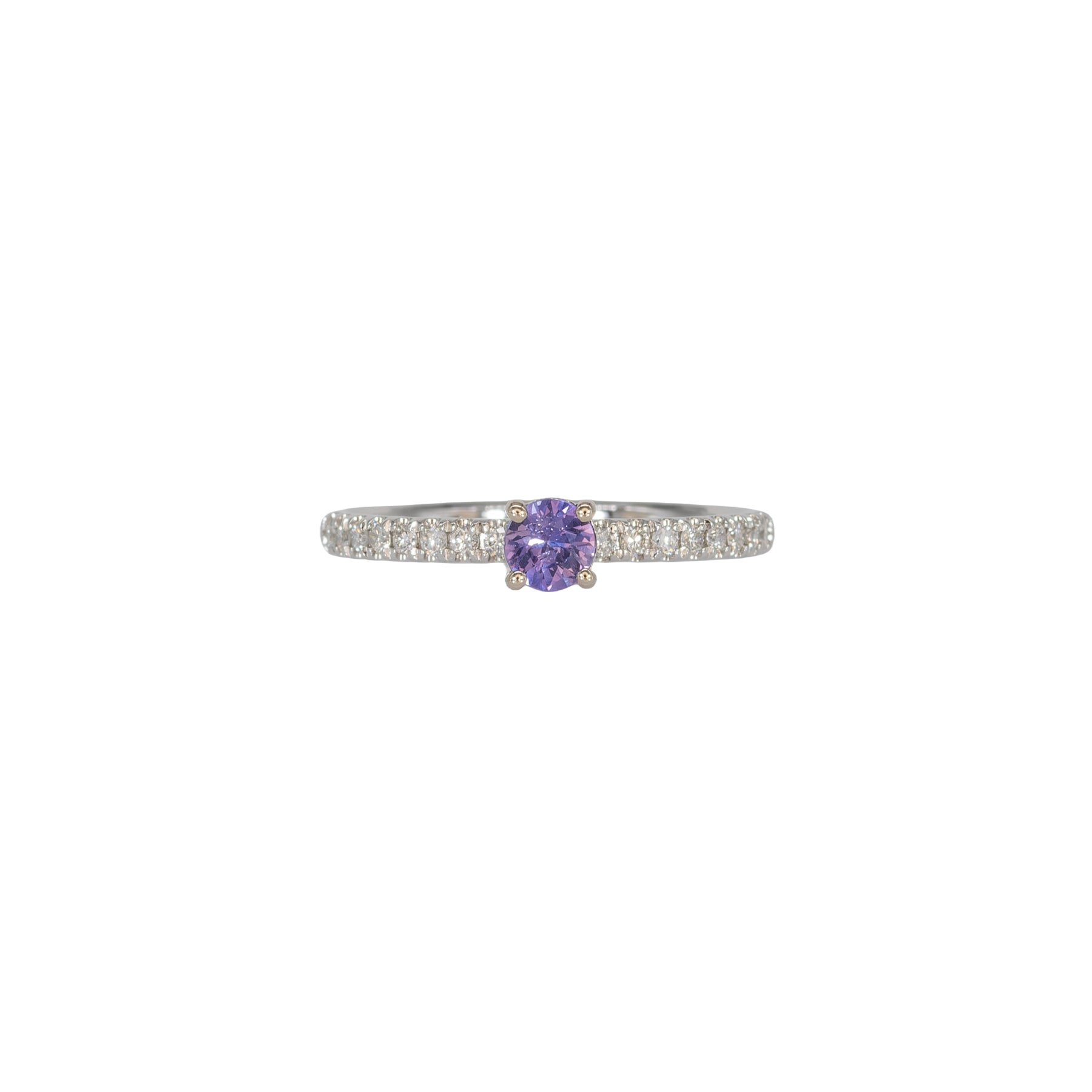 14K white gold purple sapphire round ring with diamond halo