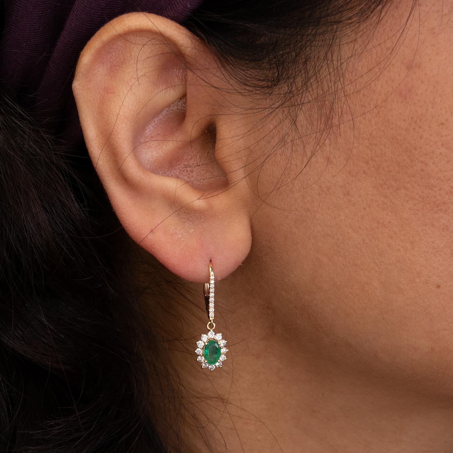 Zambian Emerald Dangle Earrings in 14K Yellow Gold | Diamond Halo | Oval Cut | 6x4mm | May Birthstone
