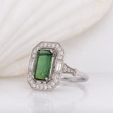 3.2ct Chrome Tourmaline Ring w Earth Mined Diamonds in Solid 14K White Gold | Emerald cut 11x6.5mm