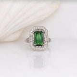 3.2ct Chrome Tourmaline Ring w Earth Mined Diamonds in Solid 14K White Gold | Emerald cut 11x6.5mm