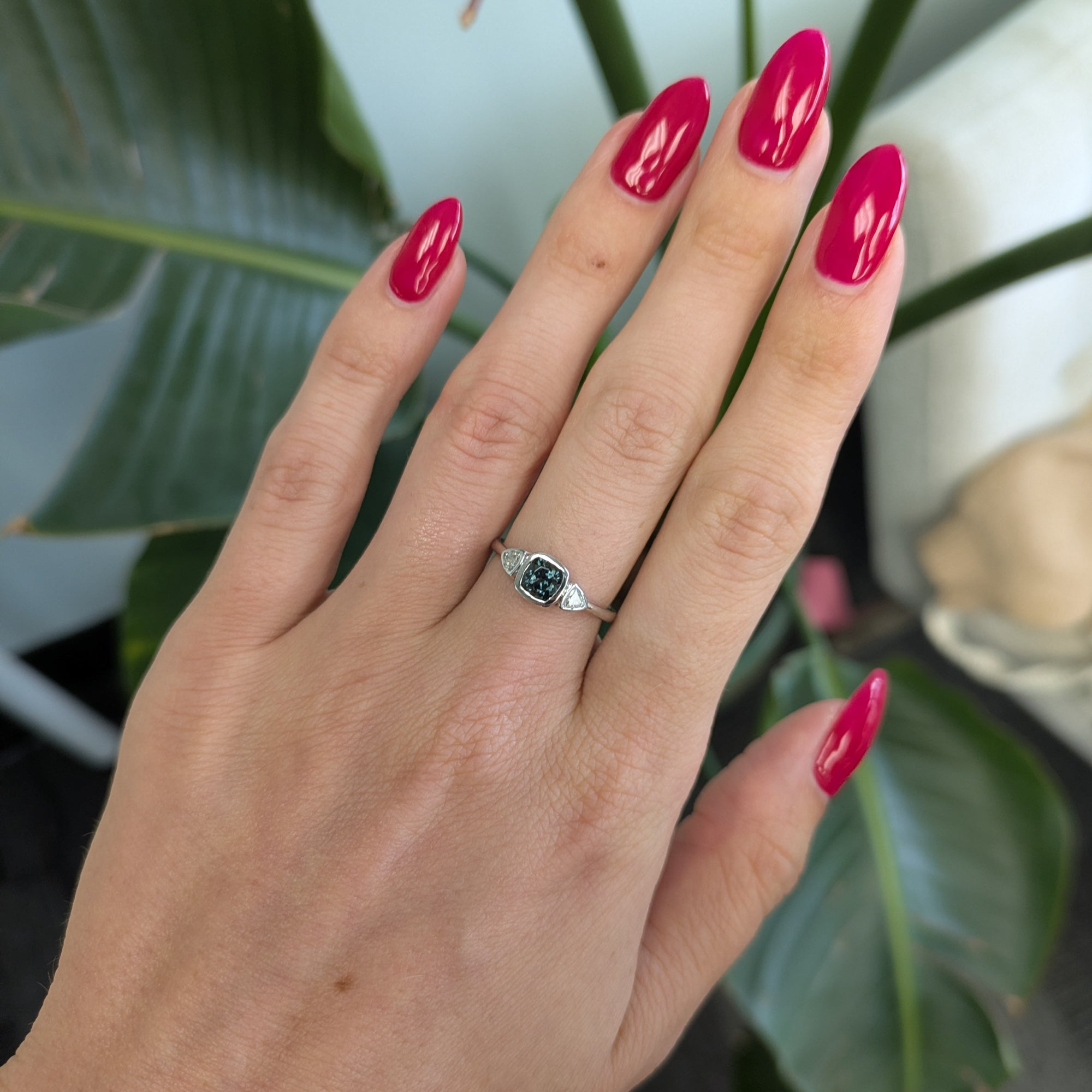 14K white gold blue spinel ring with diamond accents