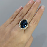 11ct London Blue Topaz Ring w Natural Diamond Halo in Solid 14K Gold |OV 16x12mm