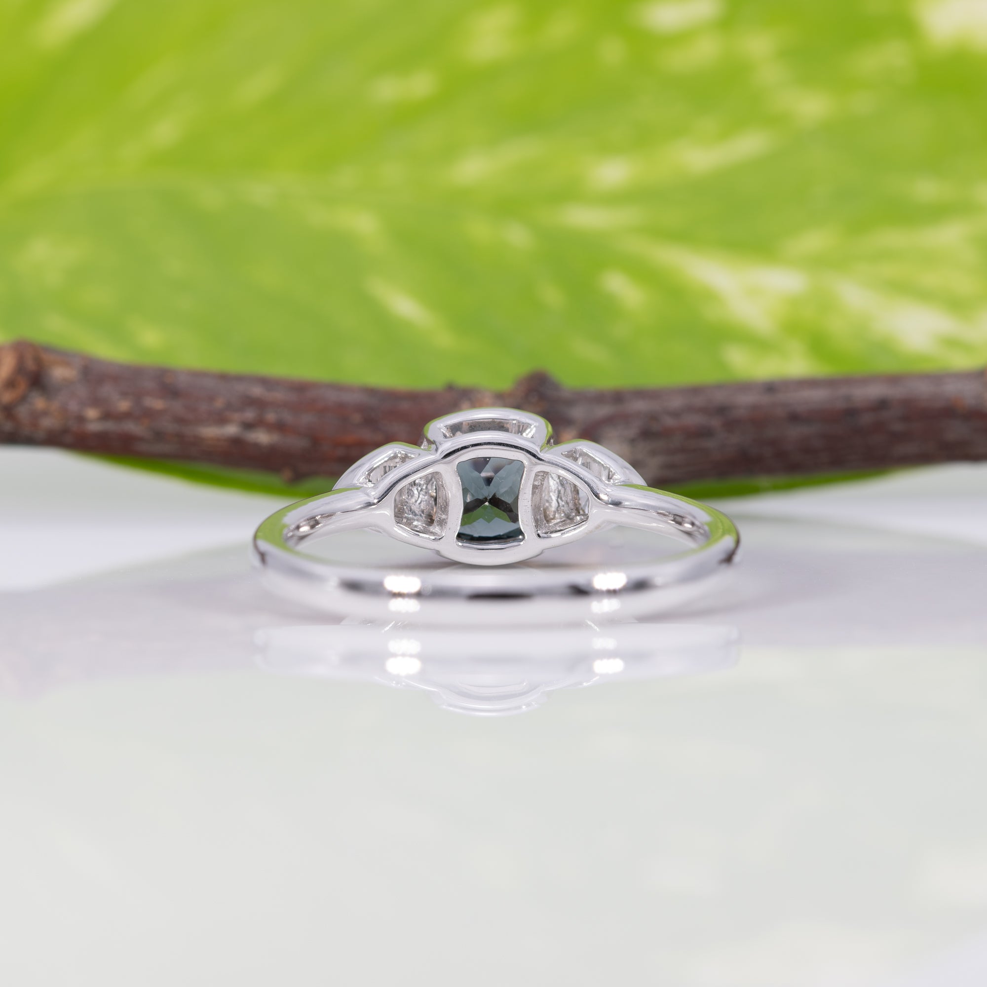 14K white gold blue spinel ring with diamond accents