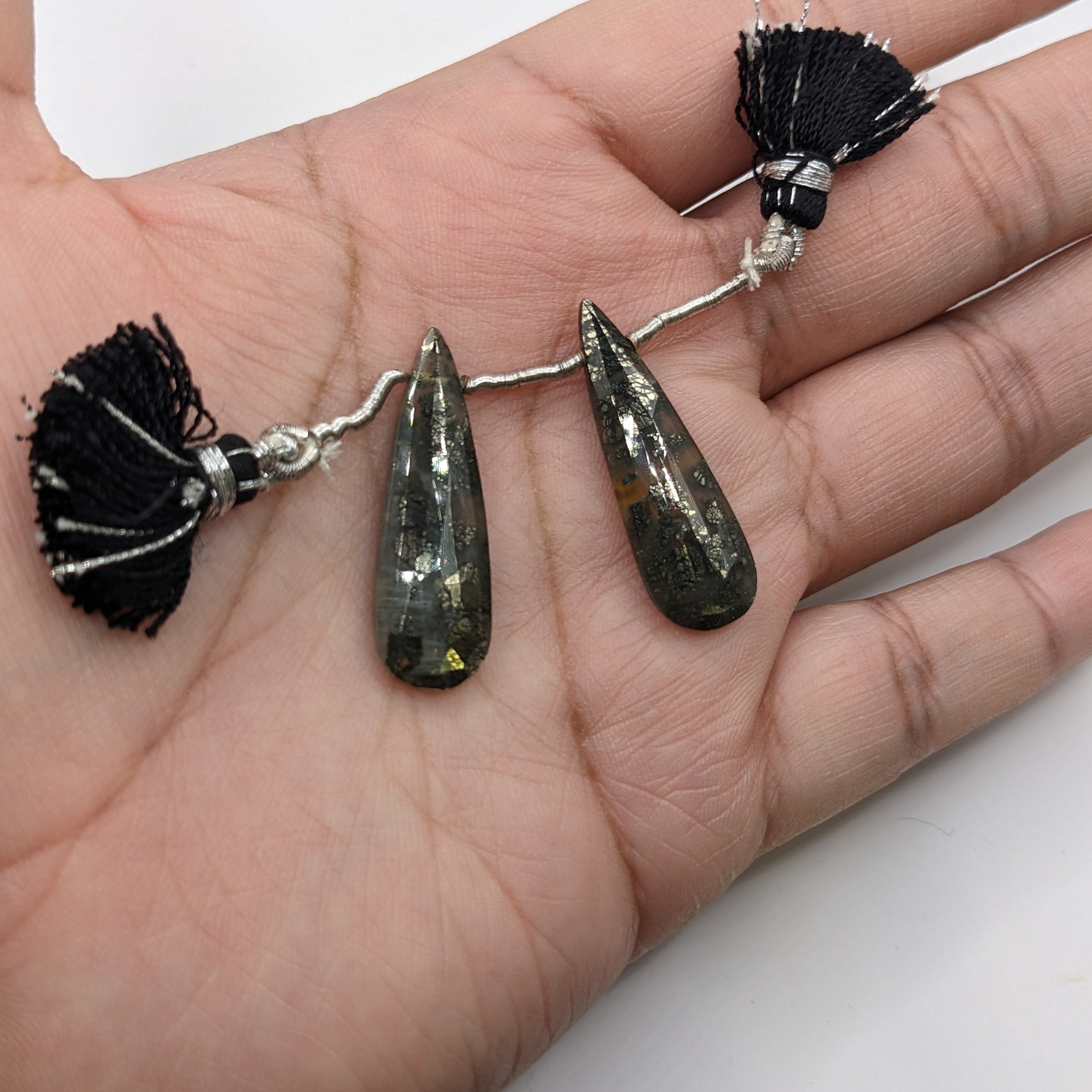 Marcasite Drilled Matched Pair Drops - Teardrop Shape Side Drilled Faceted Gems 32x10x5mm