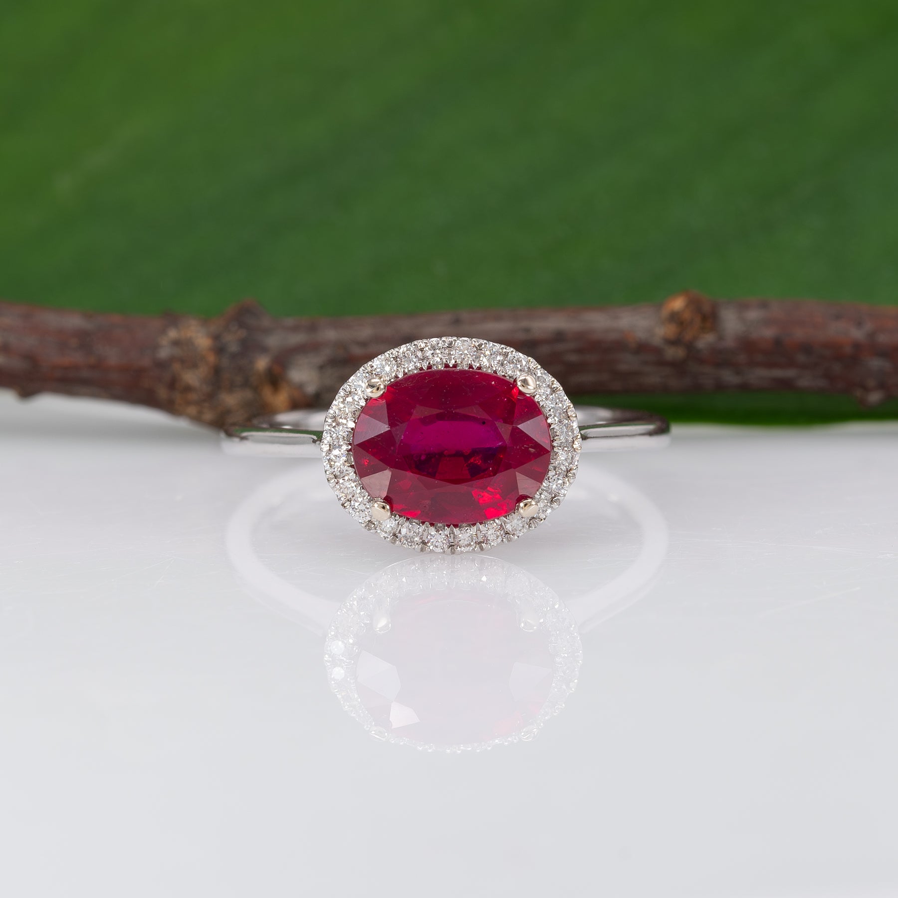 14K white gold Madagascar ruby ring with diamond accents