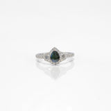 14K white gold pear alexandrite ring with diamond halo