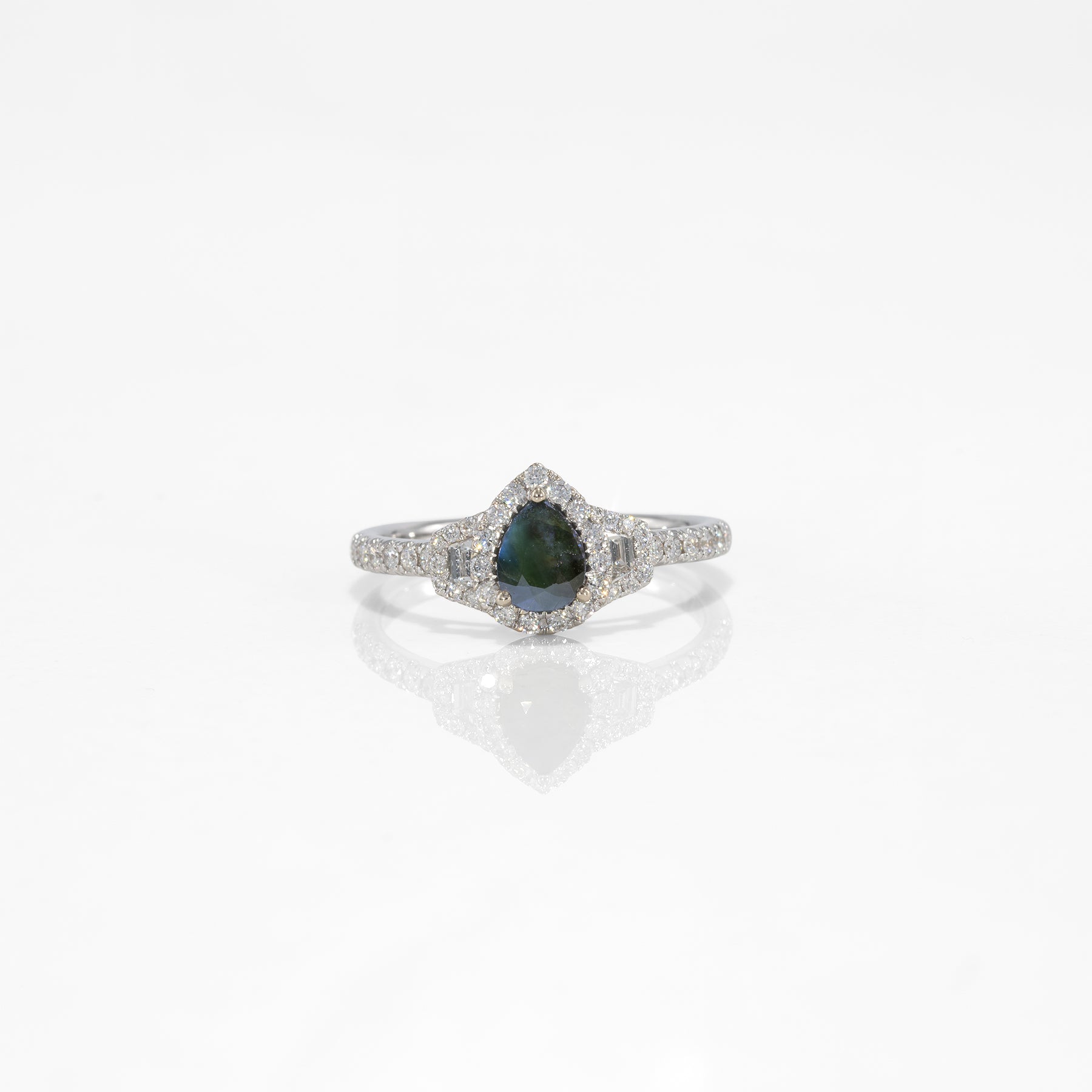 14K white gold pear alexandrite ring with diamond halo