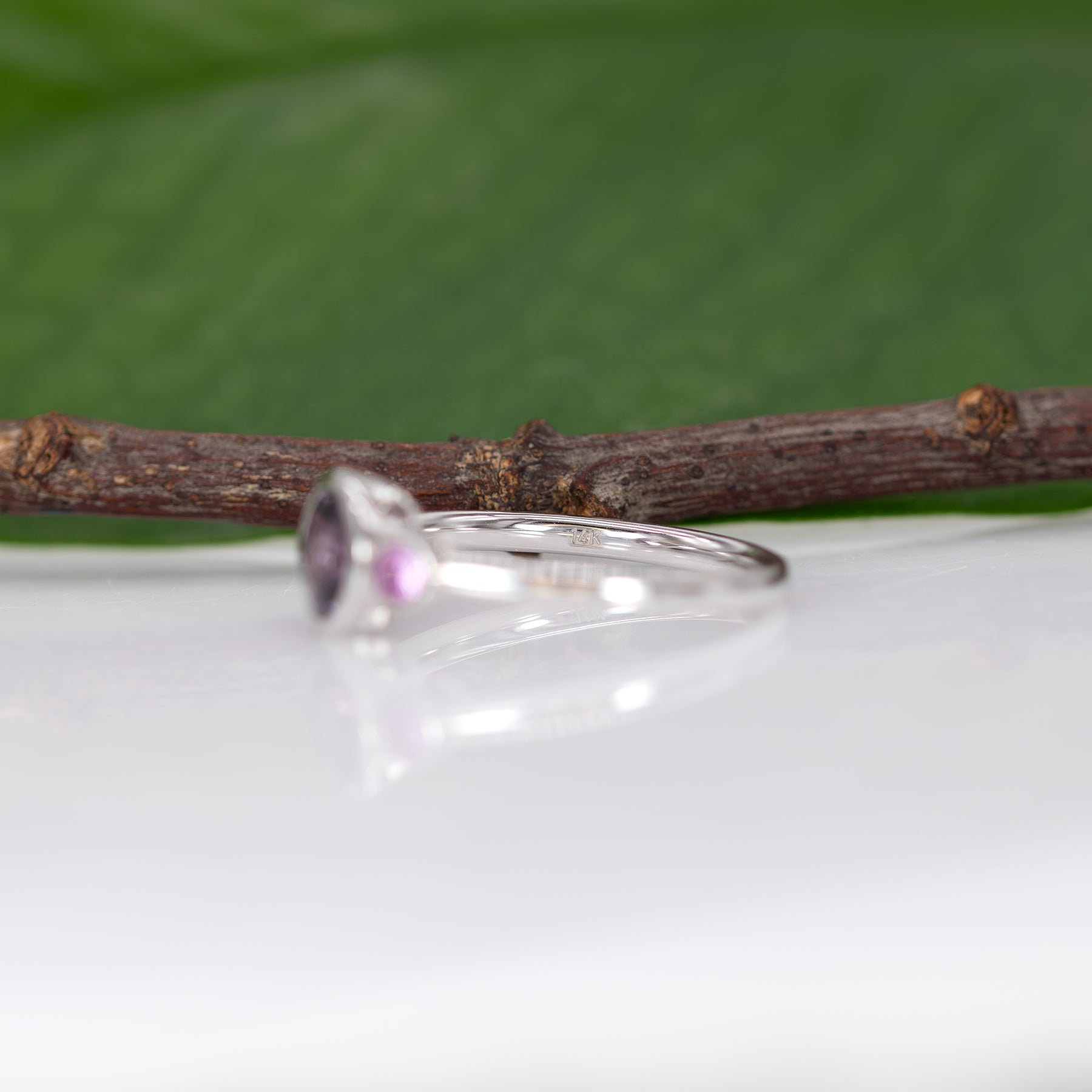 14K white gold purple spinel ring with purple sapphire accents