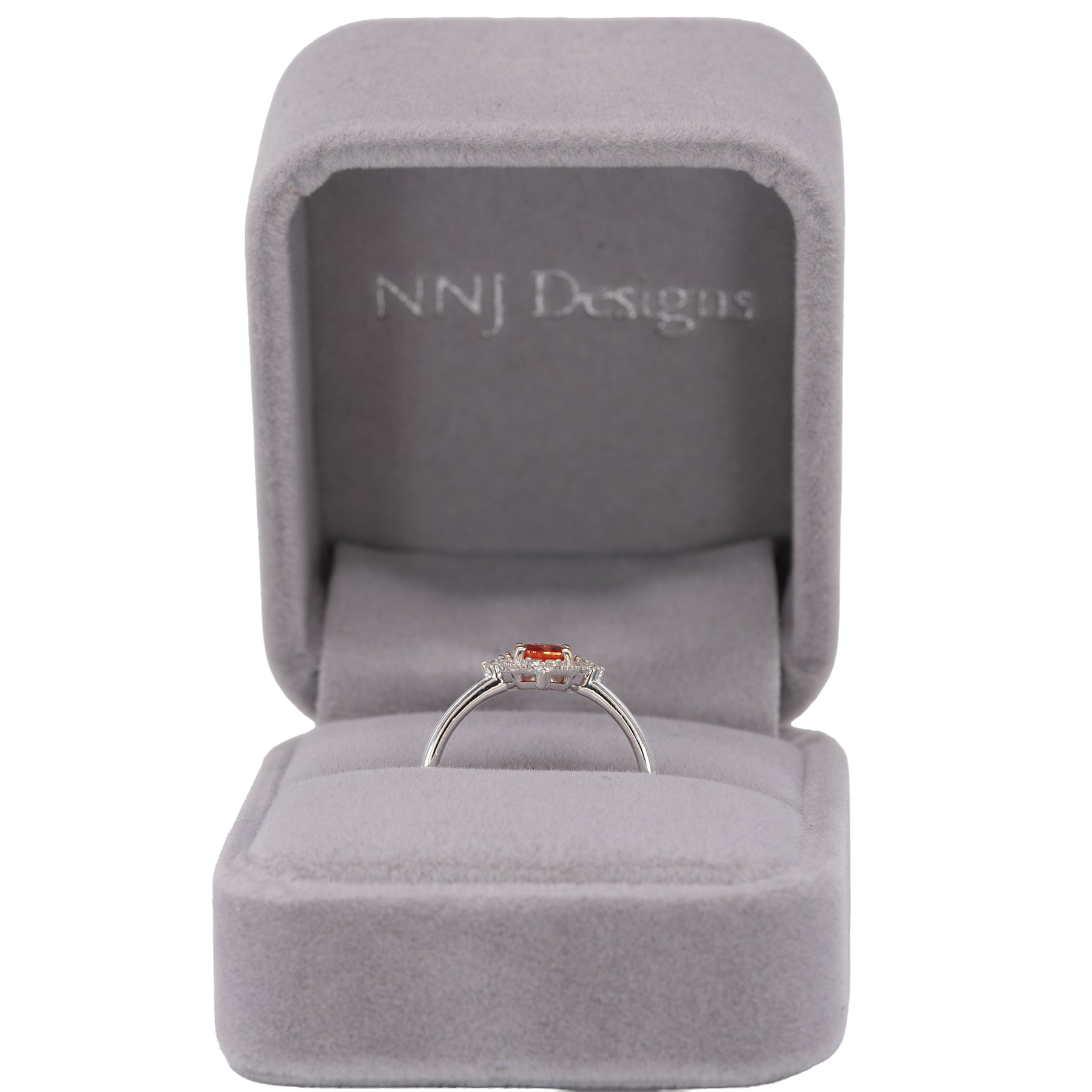 14K white gold padparadscha sapphire ring with diamond halo