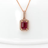 Shobha Solid 14k Gold Ruby Pendant with Attached Chain, Natural Diamond Halo, 6x4mm