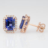 Tanzanite Stud Earrings in 14K Rose Gold | Diamond Accents | Emerald Cut | December Birthstone