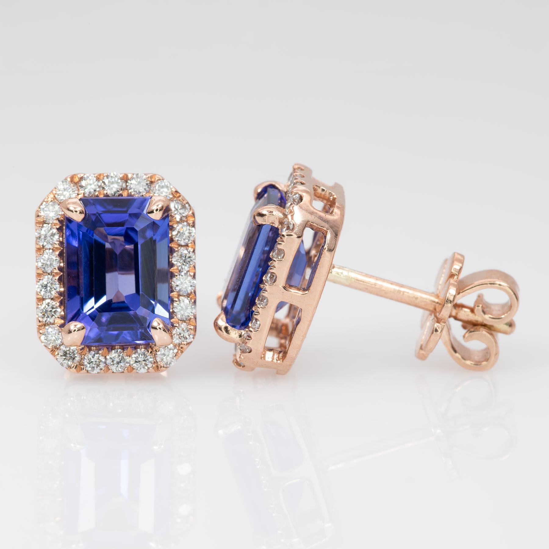 Tanzanite Stud Earrings in 14K Rose Gold | Diamond Accents | Emerald Cut | December Birthstone