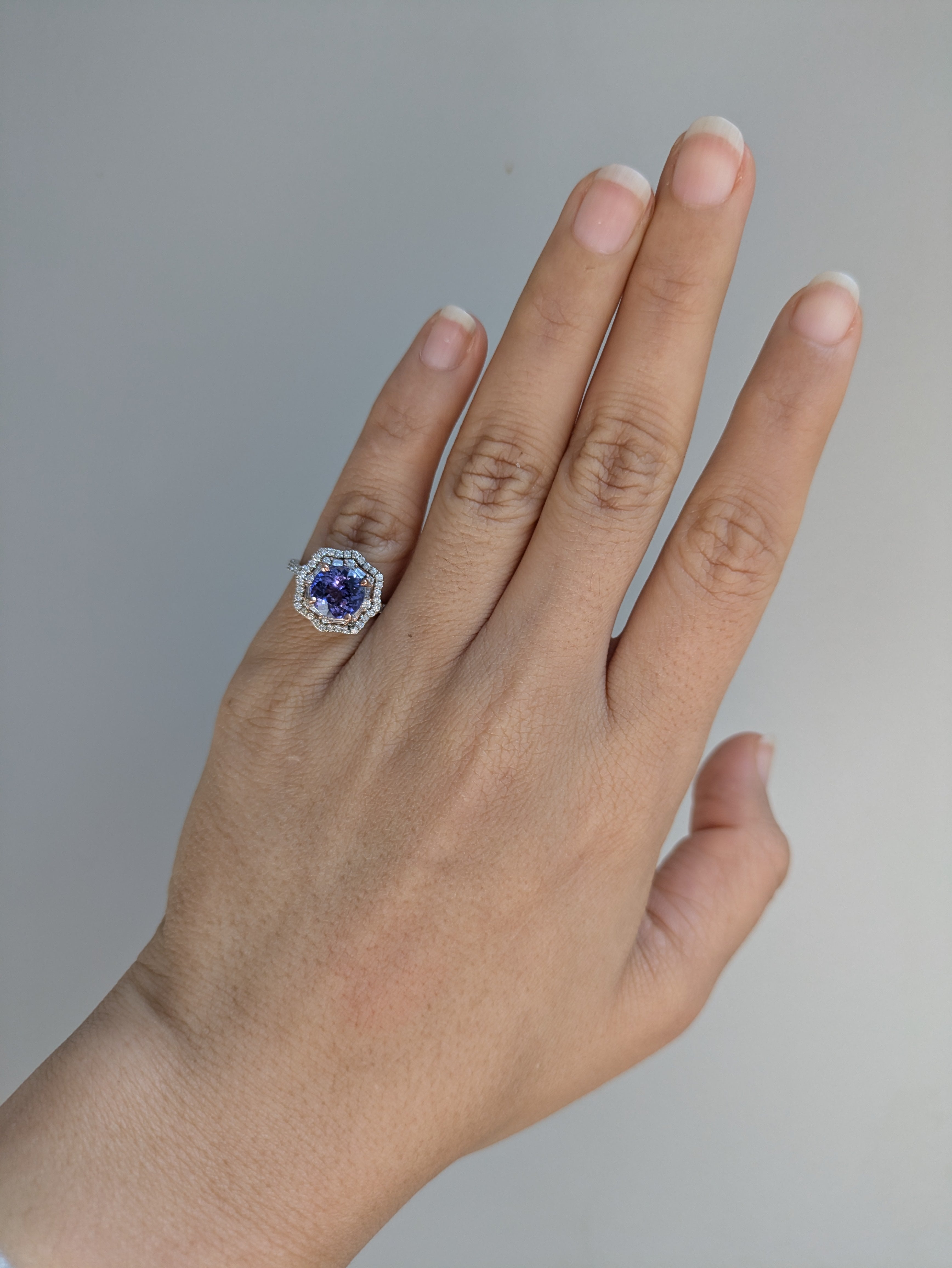 charlize 14k dual white rose gold 2.44cts tanzanite diamond ring | round 7mm