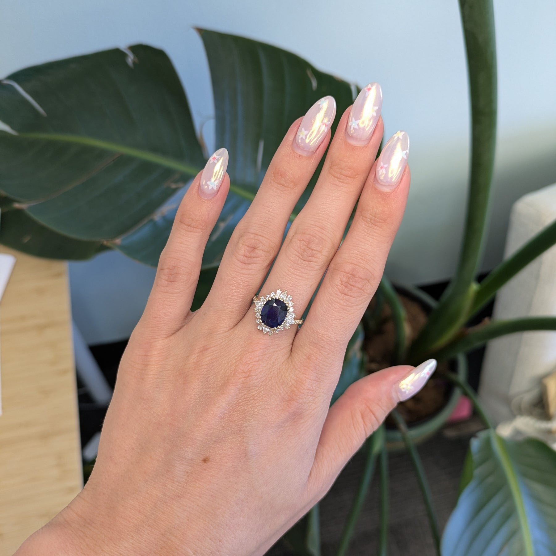 14K yellow gold GIA Ceylon sapphire cushion ring with diamond halo