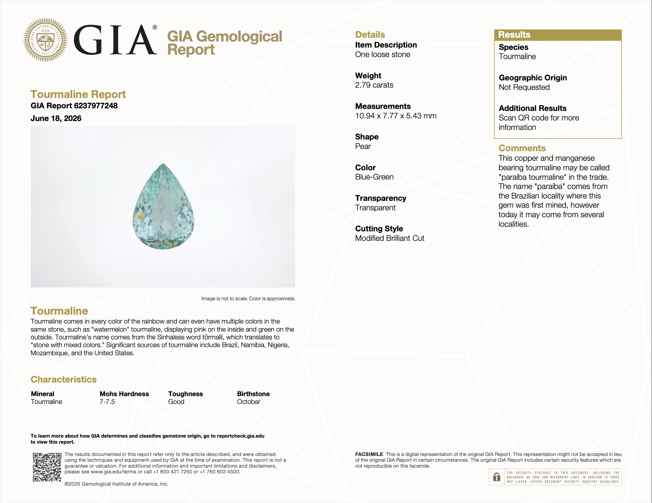 GIA report 6237977248 for 2.79 carat natural untreated Paraiba tourmaline