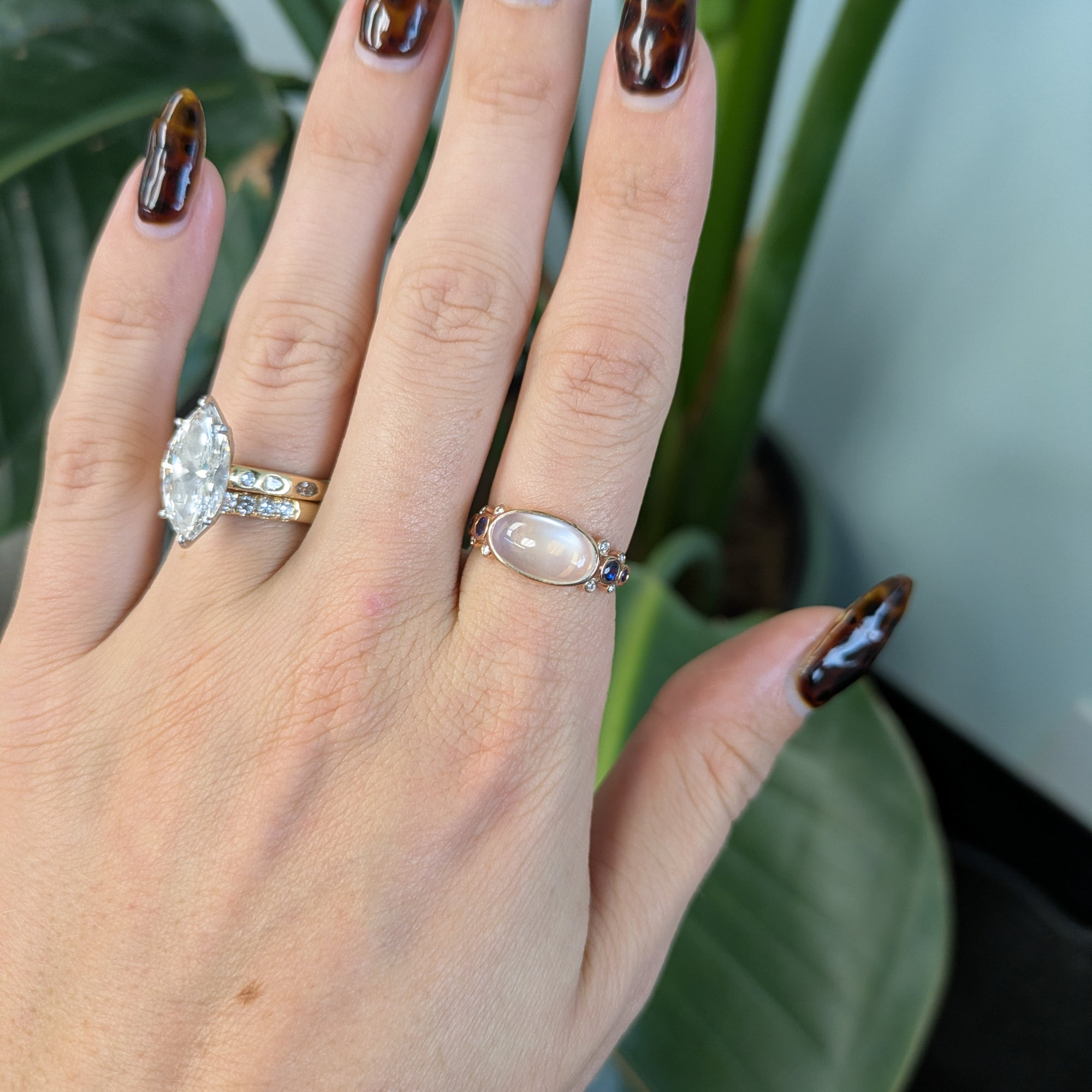 14K rose gold rainbow moonstone ring