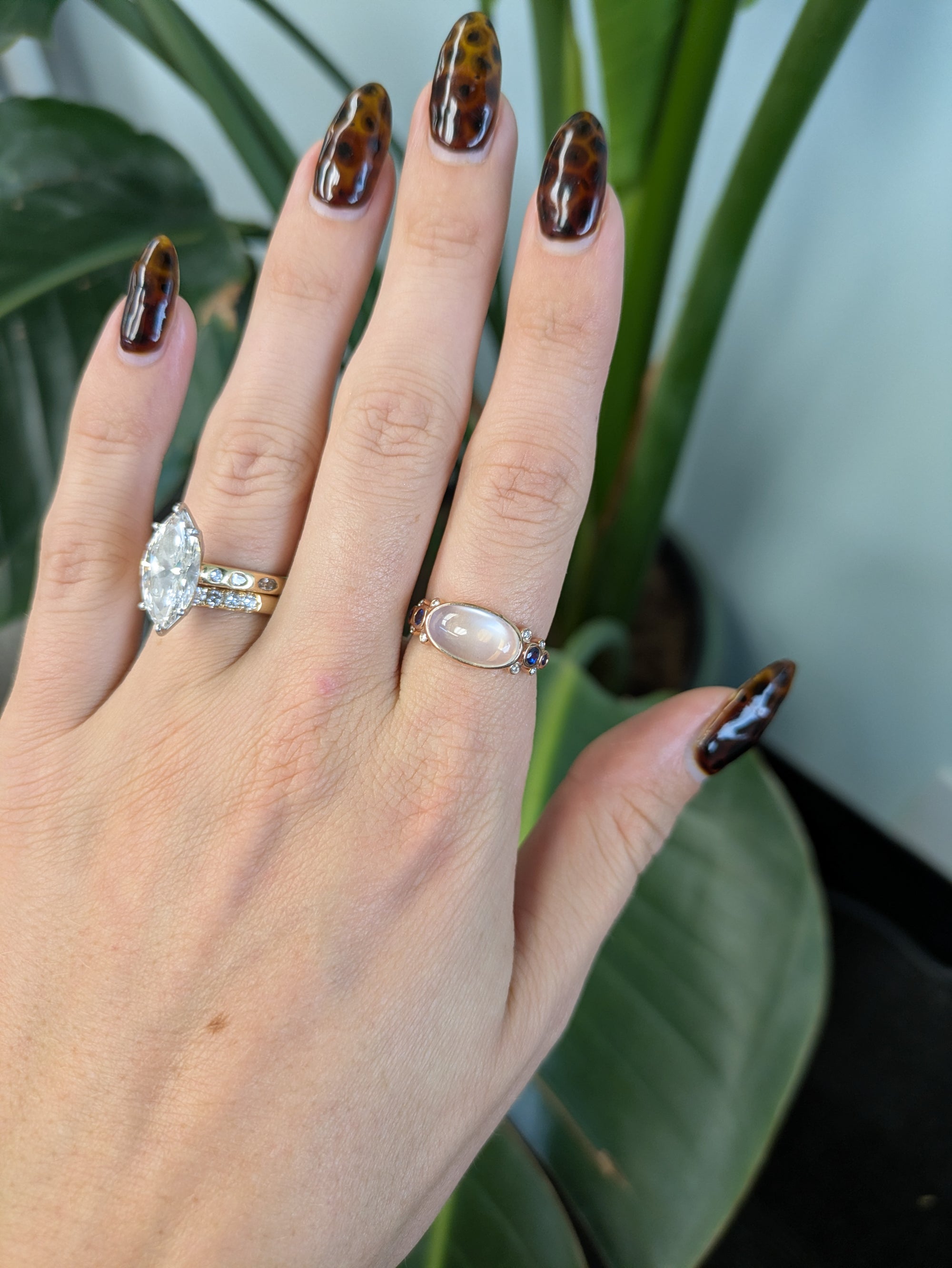 14K rose gold rainbow moonstone ring