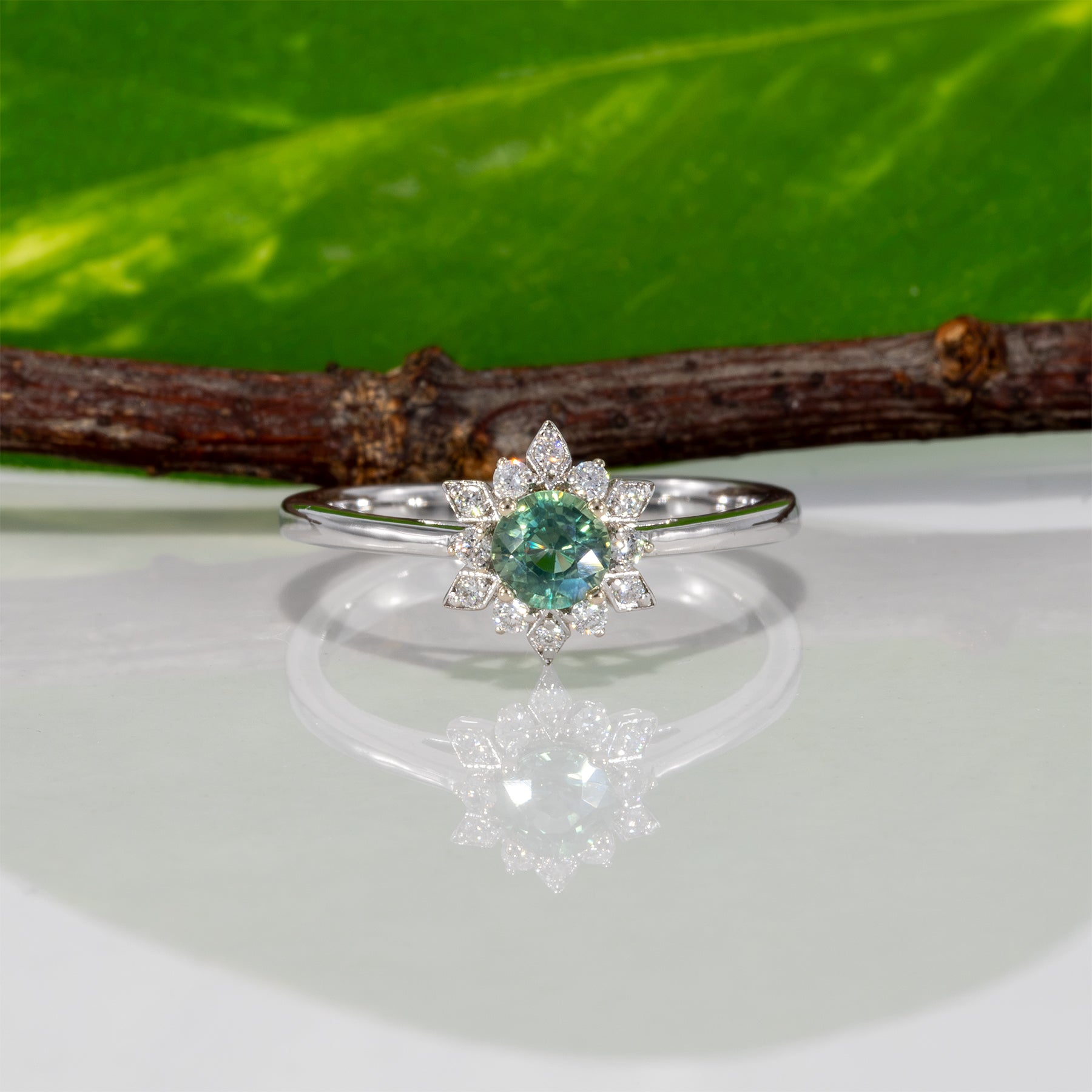14K white gold alexandrite ring with diamond accents