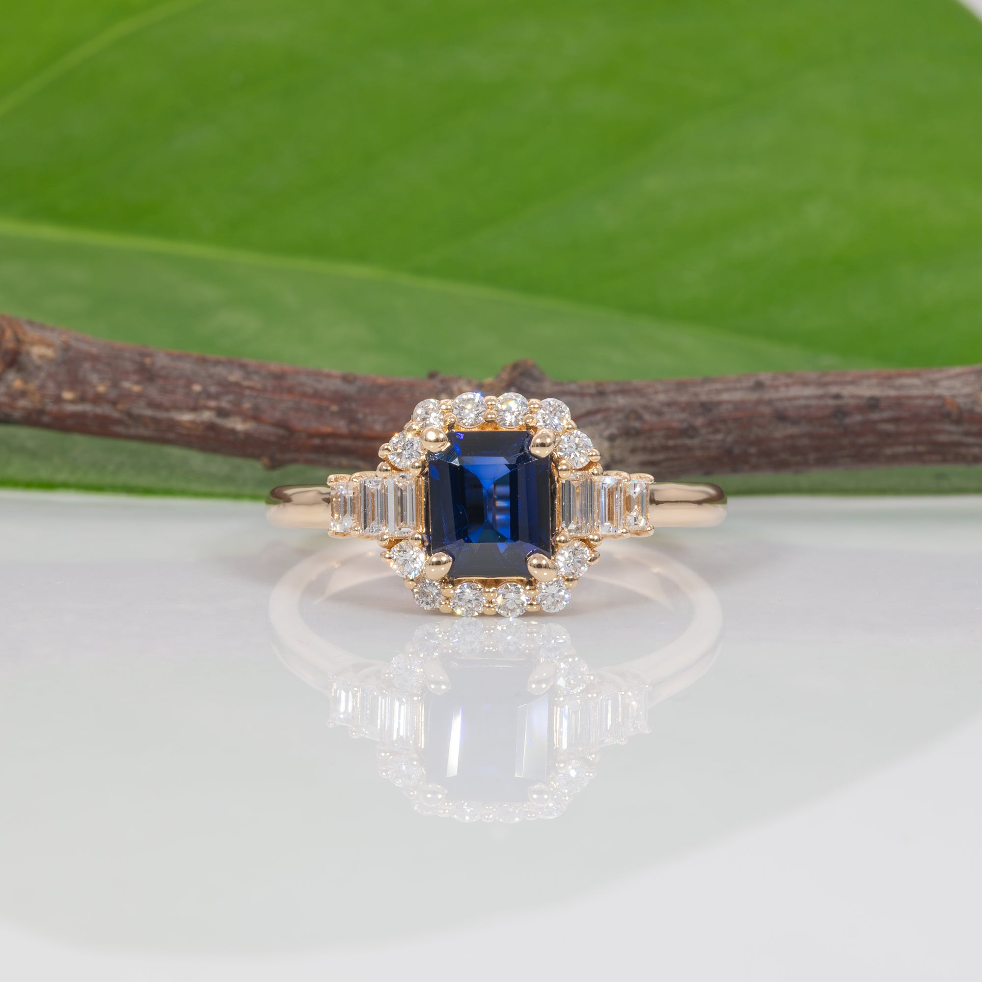 14K yellow gold Ceylon blue sapphire ring with diamond accents