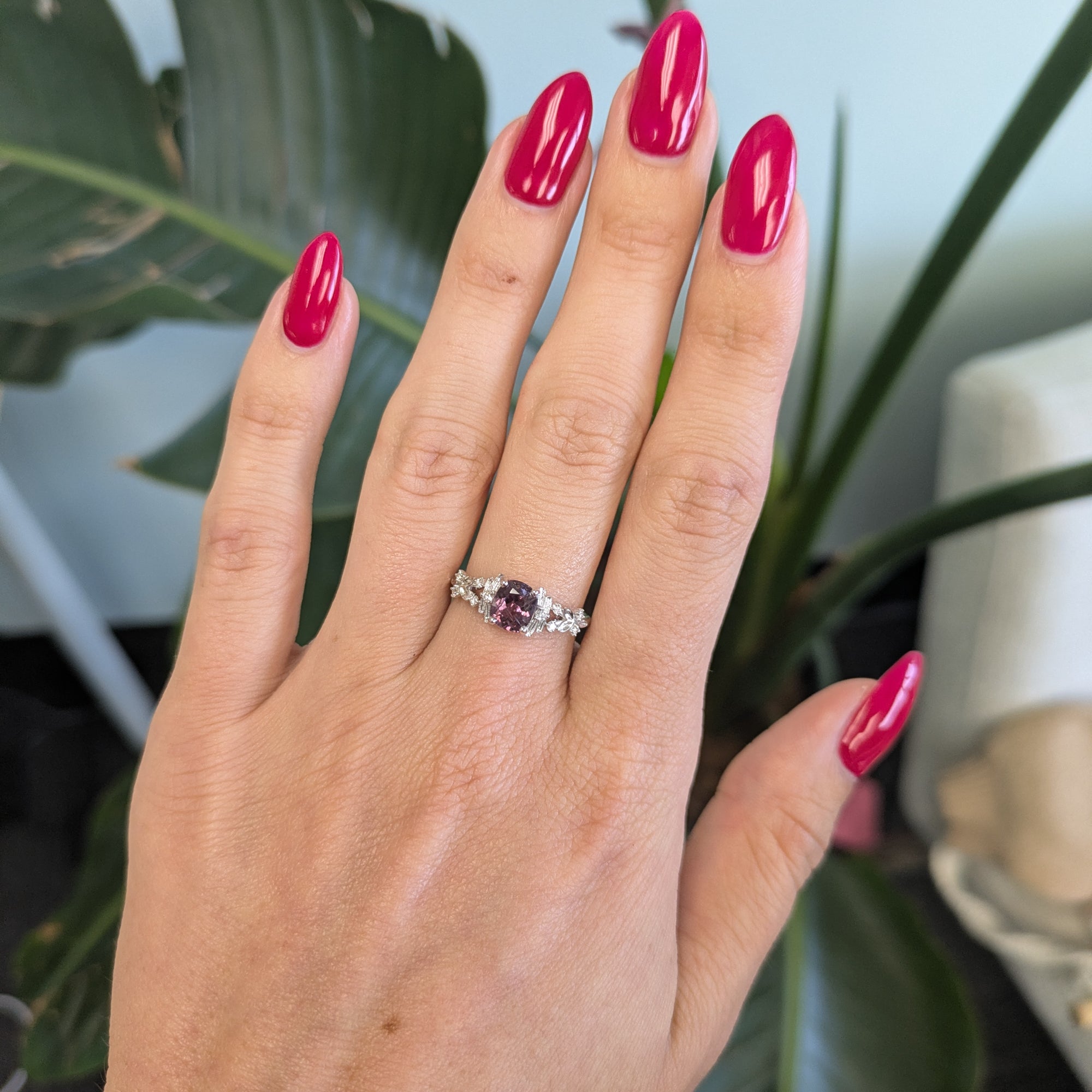 14K white gold purple spinel ring with diamond accents