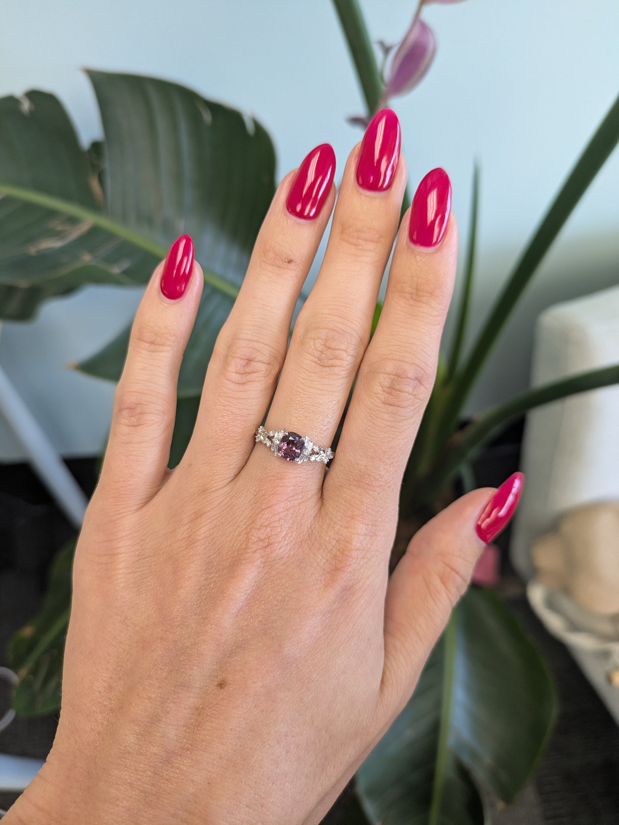 14K white gold purple spinel ring with diamond accents