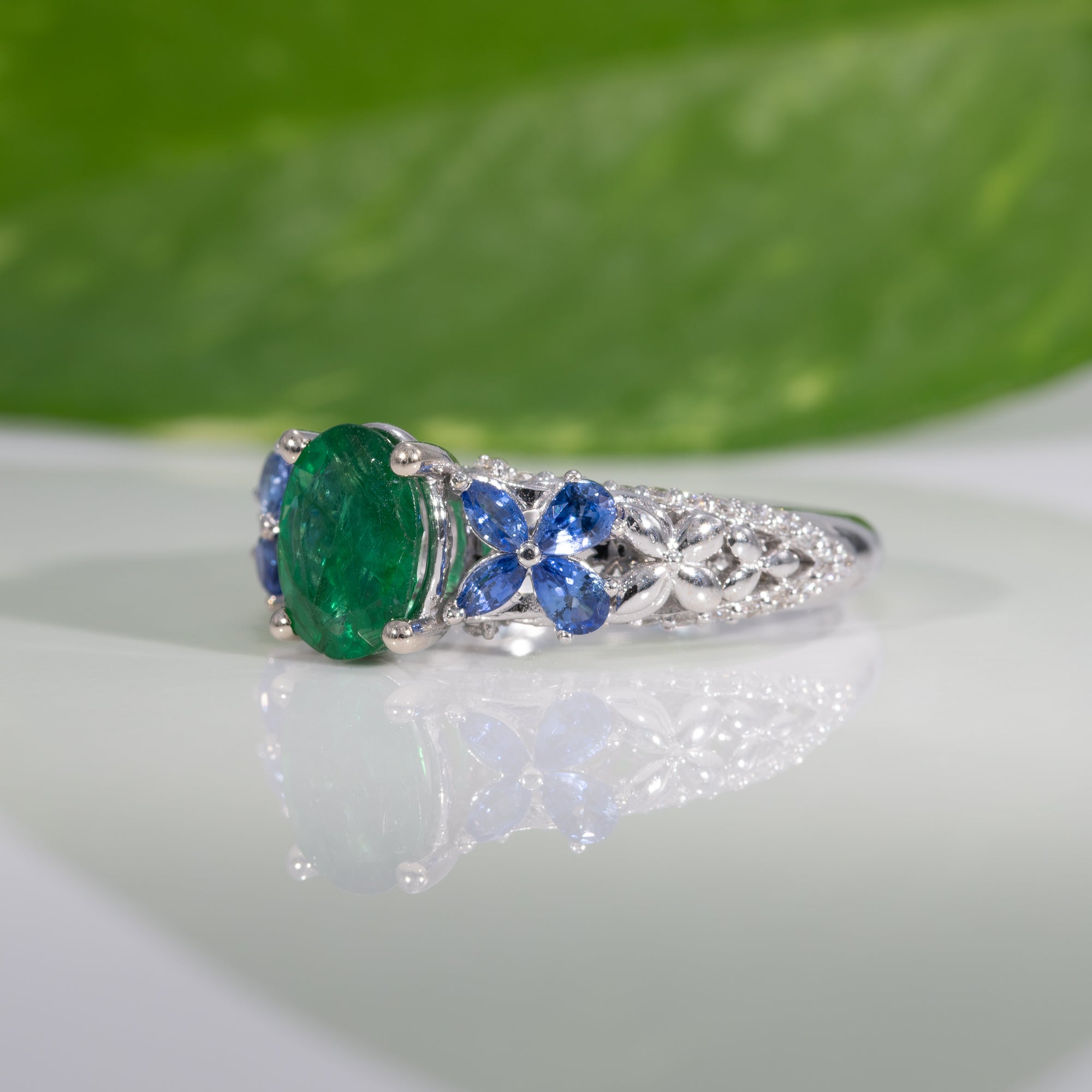 14K White Gold Zambian Emerald Ring