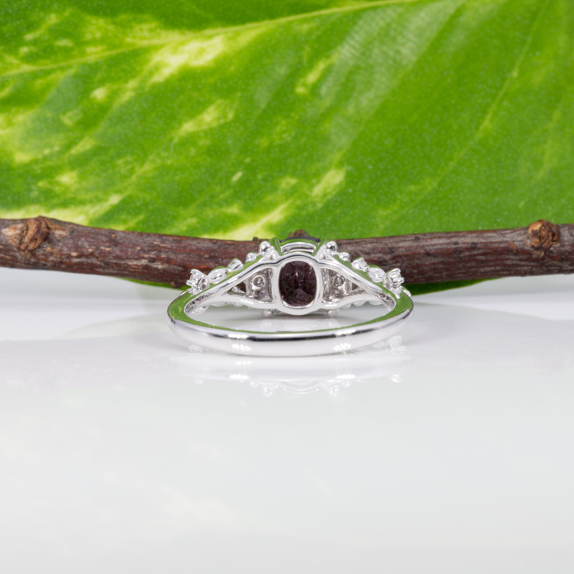 14K white gold purple spinel ring with diamond accents