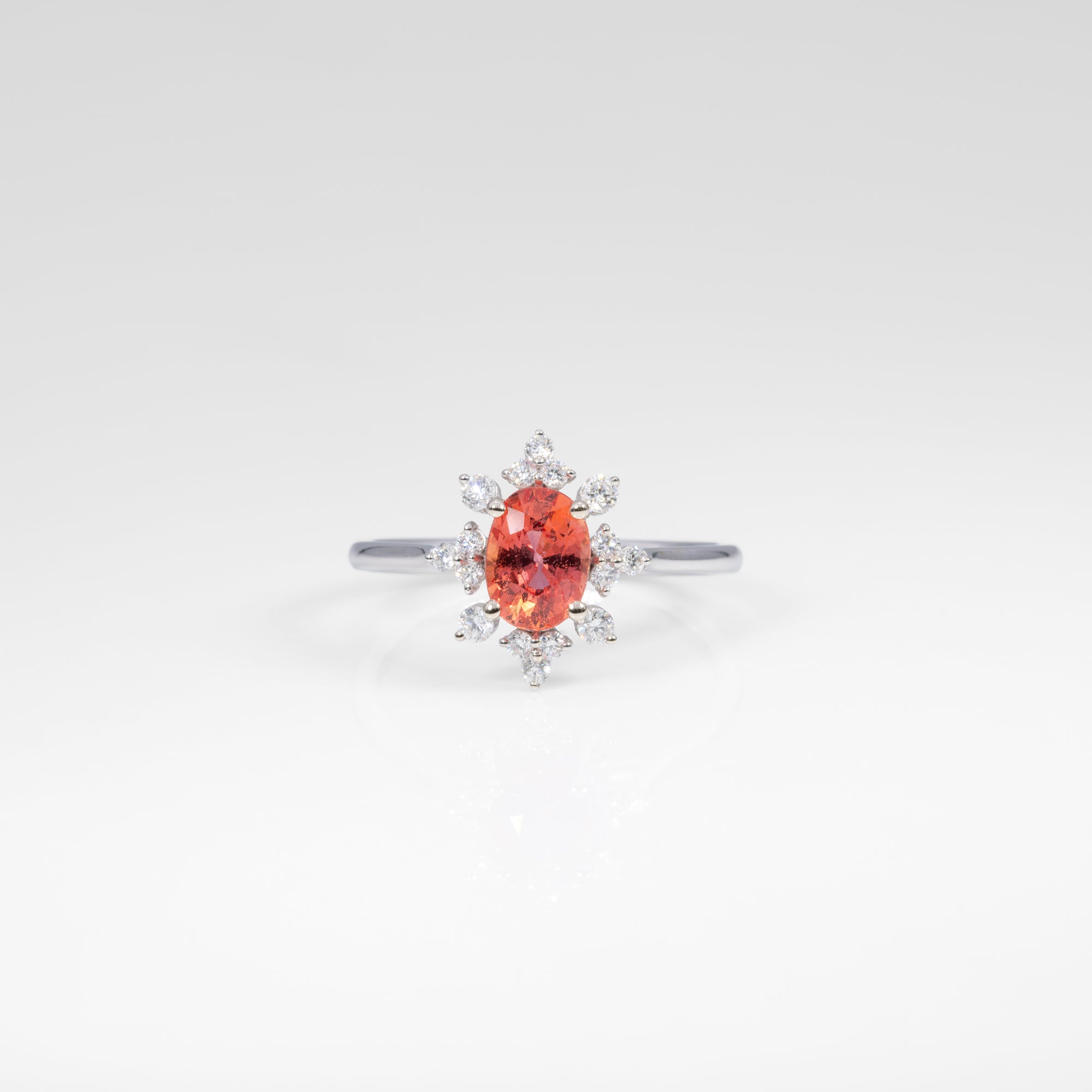 14K white gold padparadscha sapphire ring with diamond accents