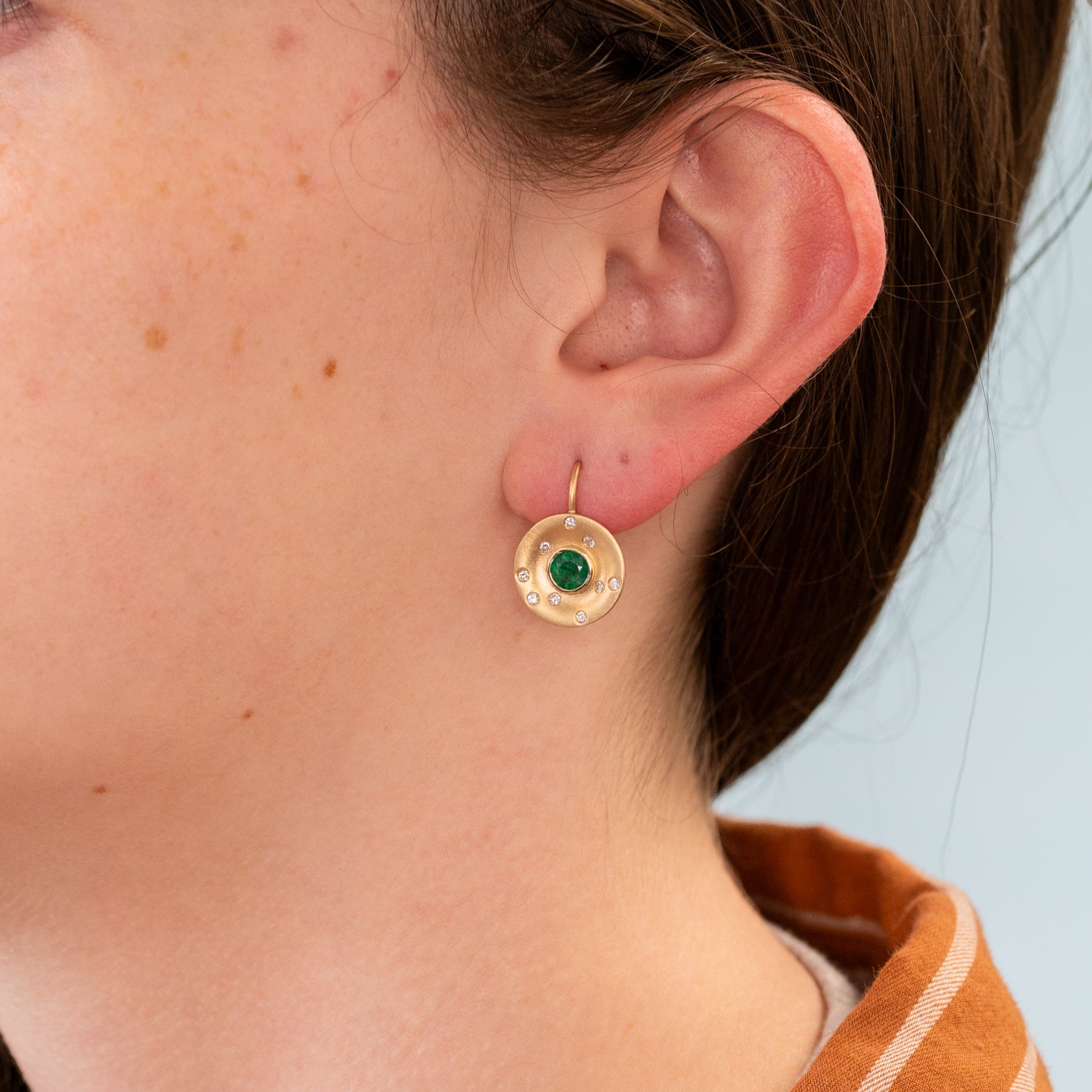 14K yellow gold matte Zambian emerald stud earrings with diamond accents