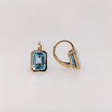 Solitaire Swiss Blue Topaz Drop Earrings in 14k Solid Gold | Emerald Cut | Customizable