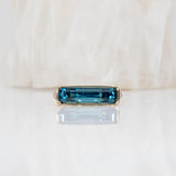 Echo Solid 14K Gold Blue Zircon Solitaire Ring, Emerald cut 16.4x4.5mm