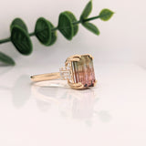 5ct Bicolor Tourmaline Ring w Earth Mined Diamonds in Solid 14K Gold | EM 10x8mm