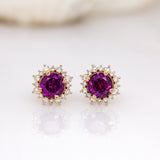Ashtine 14K Yellow Gold Rhodolite Garnet and Diamond Halo Stud Earrings | Round 5mm