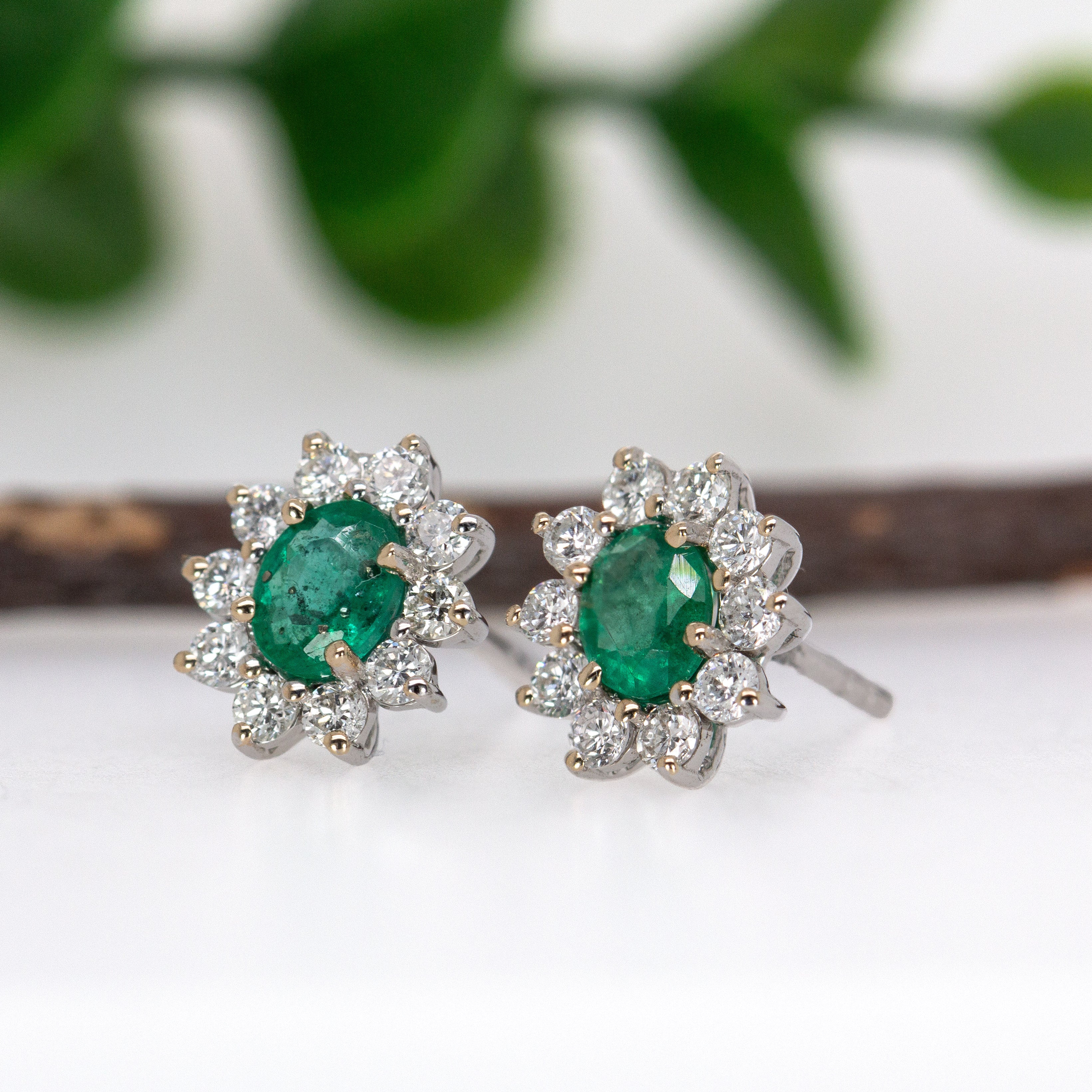Alice 14K White Gold 0.55cts Emerald Diamond Stud Earrings | Oval 5X4mm
