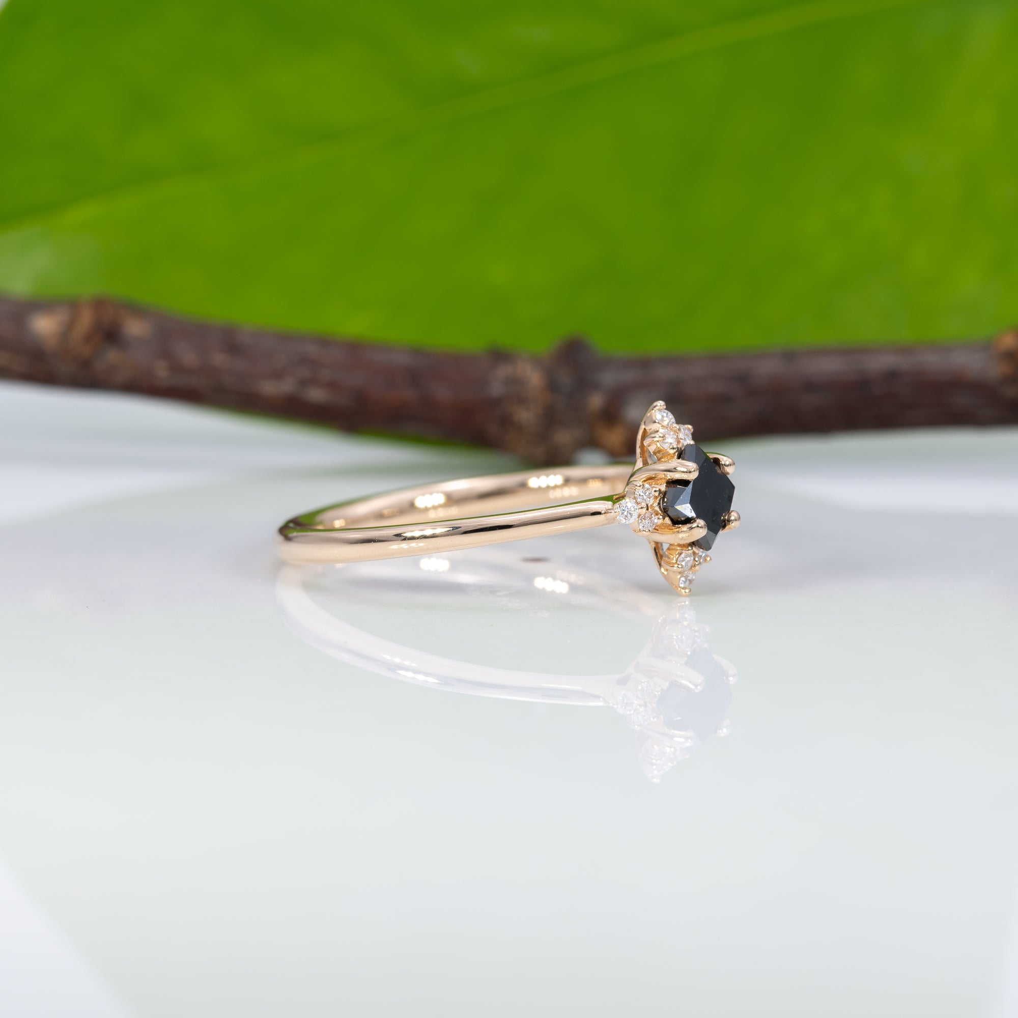 14K yellow gold black diamond ring