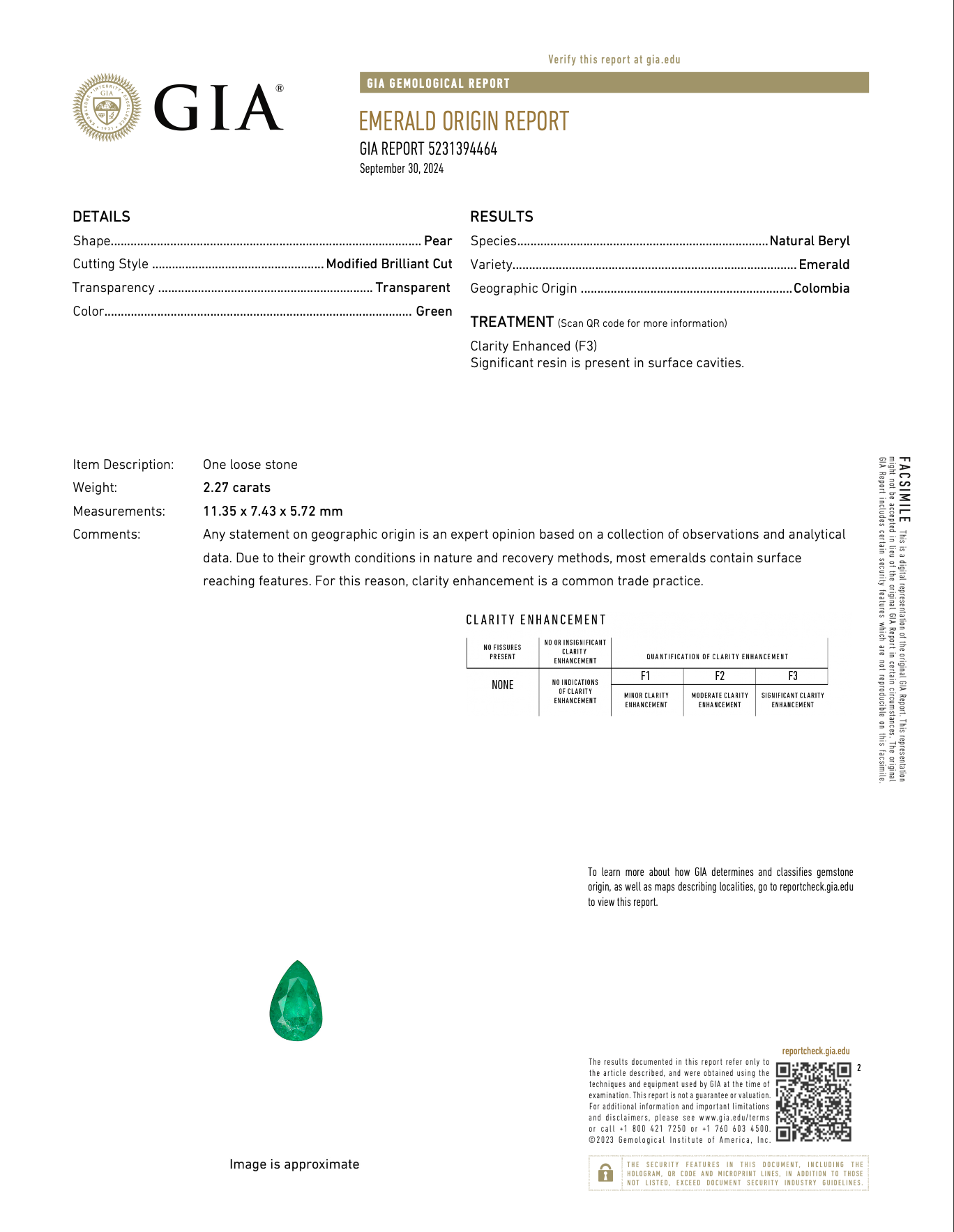 2.27ct colombian emerald pear 11.3x7.5mm loose green gemstone