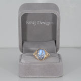 14K yellow gold rainbow moonstone cabochon ring with diamonds